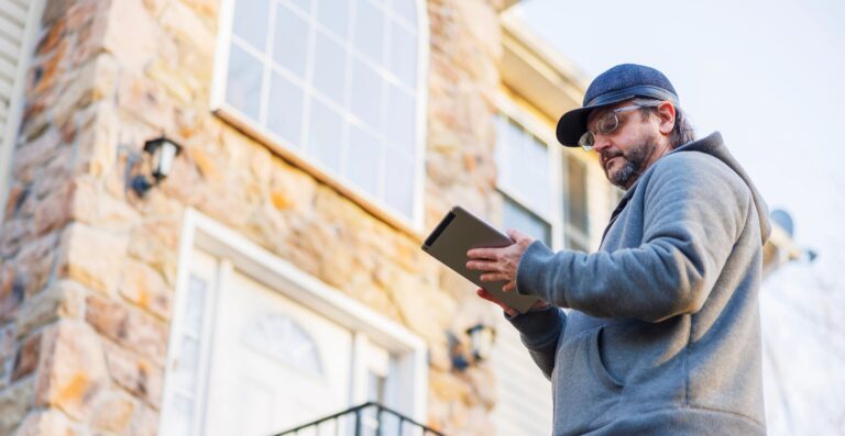 Concentrated, mature appraiser checking the information about the house, using his tablet.